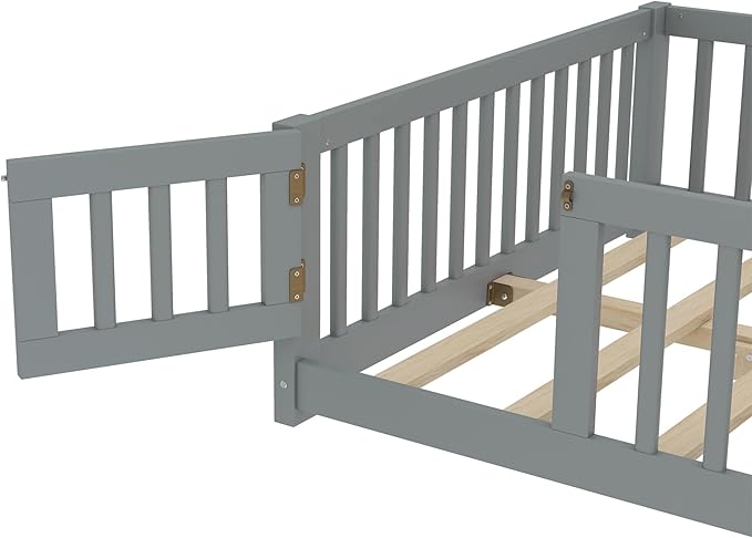 Harper & Bright Designs Full Floor Bed with Safety High Fence, Wood Montessori Bed with Door, Full Size Floor Beds with Solid Wood Support Slats for Boys, Girls, Kids, Gray