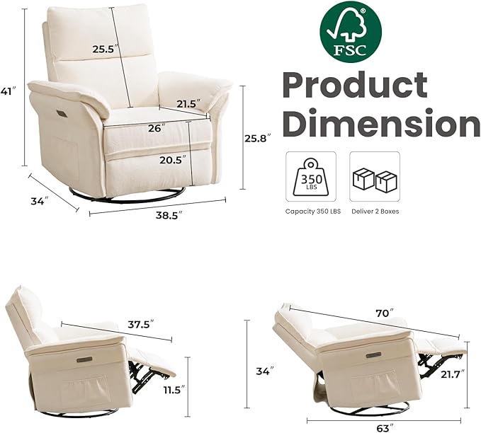 Oversized Power Recliner Chair Swivel Glider with Massage and Heat, Rocker Nursery Recliner for Adults with Adjustable Headrest, 26" Extra Wide Nursery Chair with Overstuffed Armrest,White