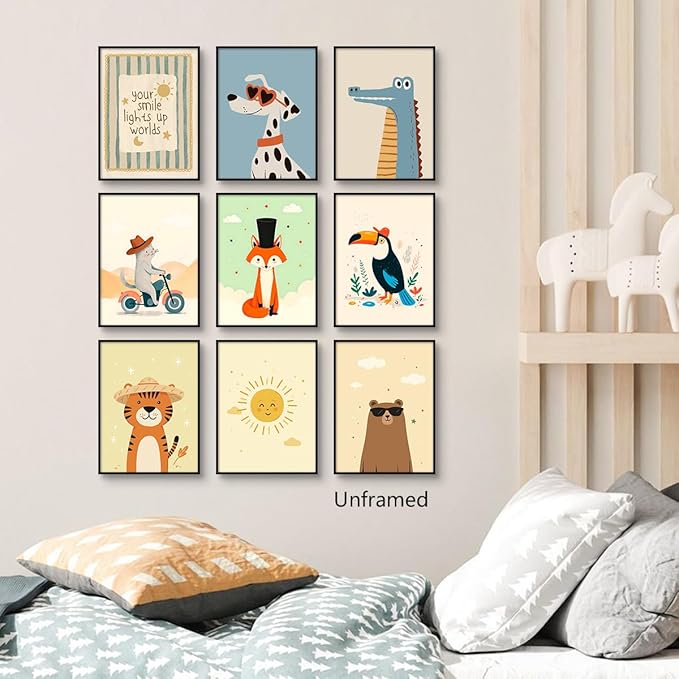 9 Pieces Nursery Animals Canvas Wall Art, Kids Room Fashion Sunglasses Dog and Bear Poster, Cute Crocodile Fox Cat and Lion Picture, Warming Sunshine Print for Baby Bedroom Playroom 8x12in Unframed
