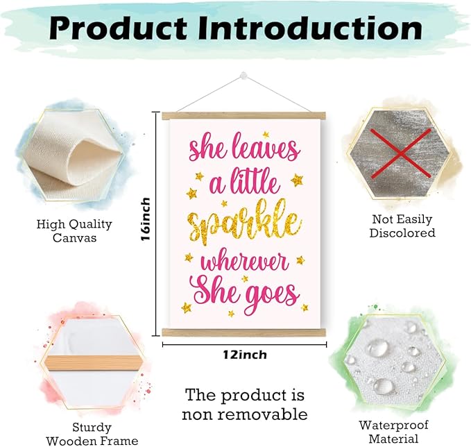 Qswo Inspirational Quotes Wall Decor for Women,She Leaves A Little Sparkle Wherever She Goes Wall Art Poster Hanger Frame,Motivational Hanging Canvas Wall Decor for Girl Room Dorm Home Office