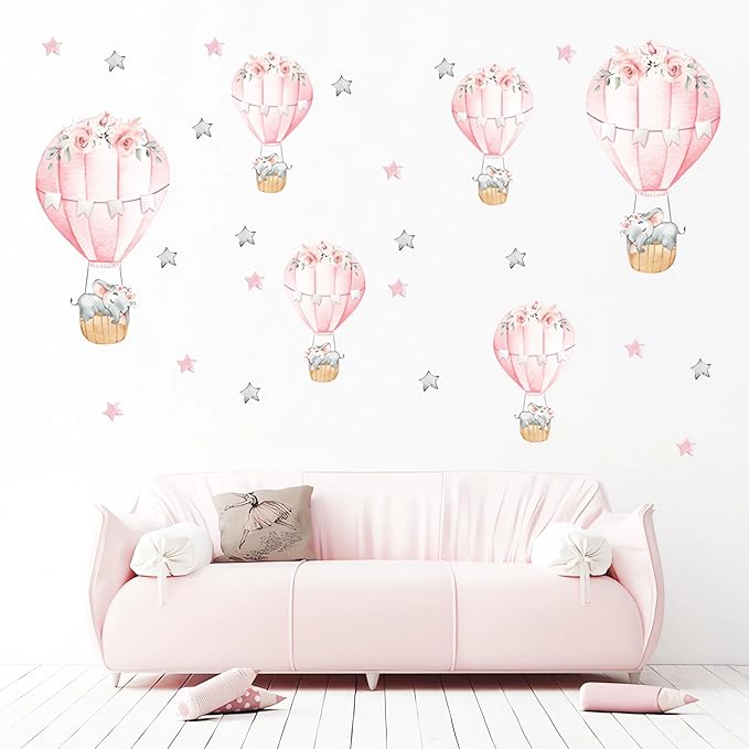 6 Pink Hot Air Balloons Sleeping Baby Elephants Stars Wall Stickers, sacinora Cute Art Wall Decals Removable Vinyl Peel and Stick for Kids Baby Girl Nursery Bedroom Toddler Room Decorations