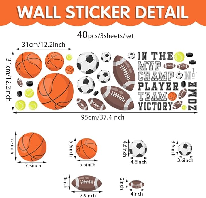 Sports Wall Decals, Basketball and Football Wall Stickers, Peel and Stick Removable DIY Inspirational Wall Decor for Boys Bedroom Classroom Kid's Nursery Room Playground