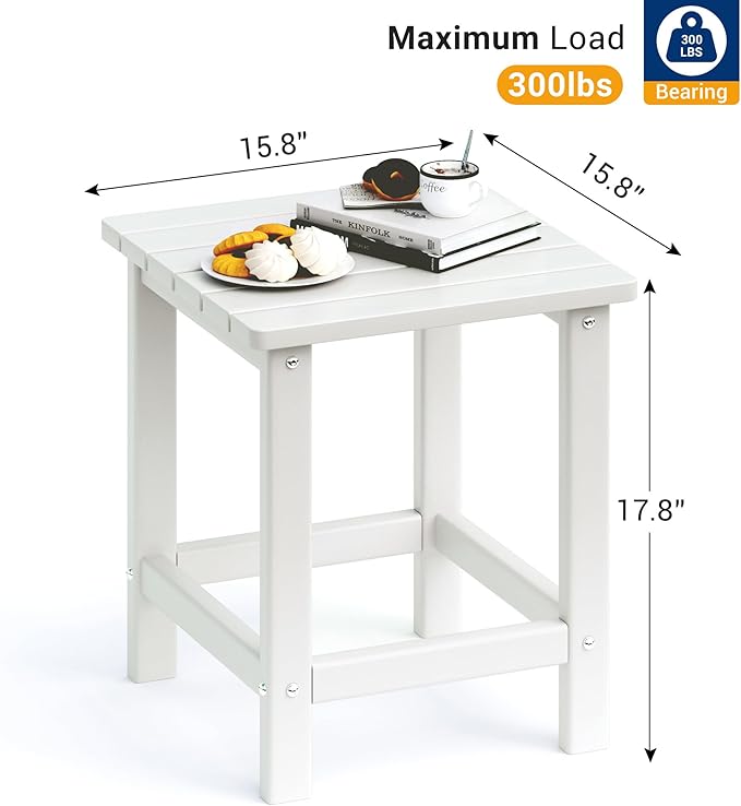 UDPATIO Small Side Table, 16x16x17.8 in, White, Adirondack Table, Indoor & Outdoor Use