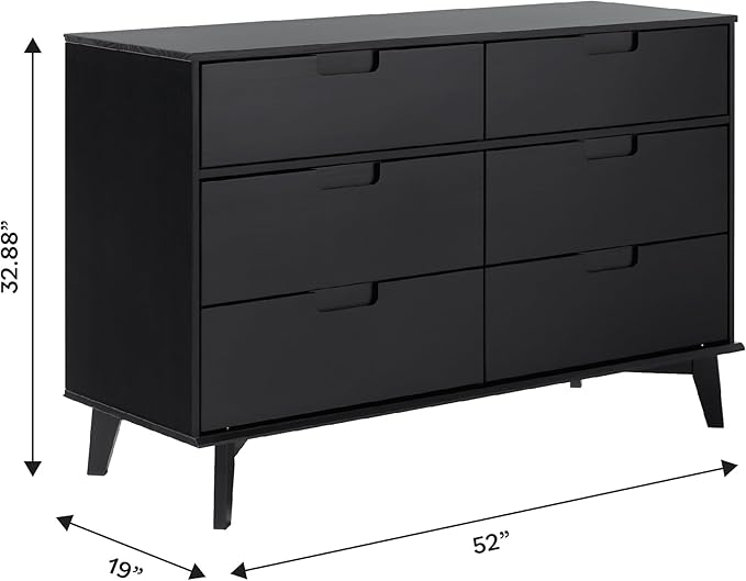 Walker Edison Sloane 6-Drawer Groove Handle Solid Pine Wood Dresser, 52 Inch, Black
