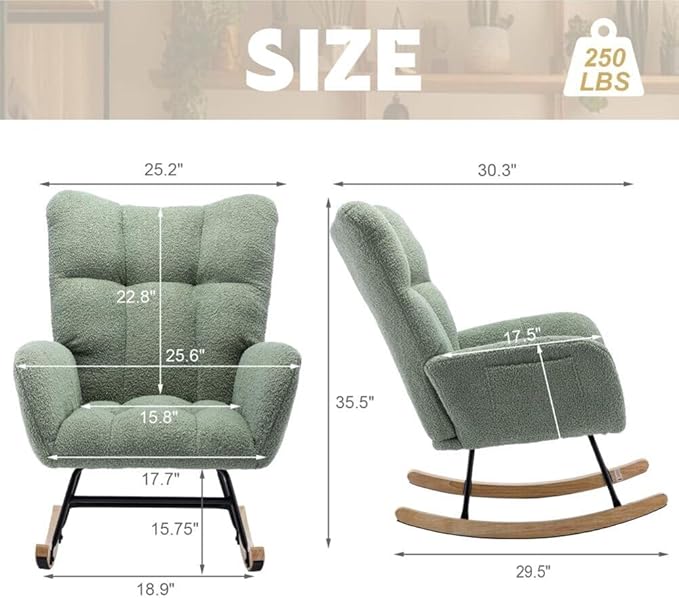 Nursery Rocking Chair Teddy Upholstered Glider Rocker Rocker Accent Chair with High Backrest Armchair Comfy Side Pocket Modern Rocking Accent Chairs for Living Room, Nursery, Office-Green