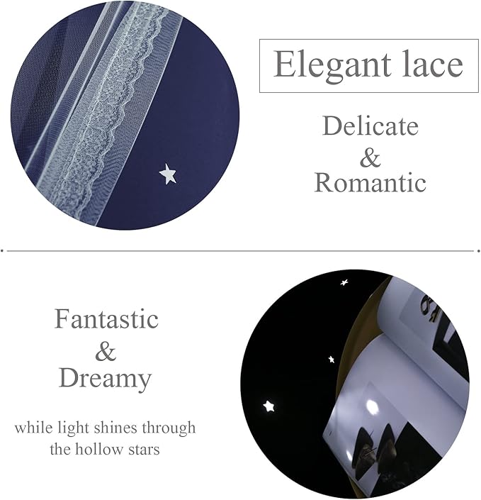 Kinryb Kids Blackout Small Curtains for Bedroom/Living Room/Classroom, Sheer Overlay 2 Free Tiebacks,Double Layer Curtains with Star Cutout for Kids Room(W 52 x L 36 Inches,Navy Blue 2 Pcs)