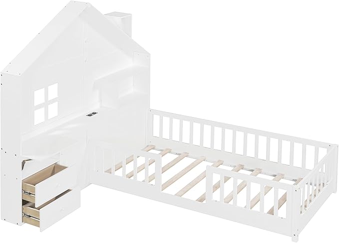 Twin Size Kids Floor Bed with Safety Fence, Solid Wood Montessori Platform Bed with House Shape Headboard with Bedside Drawers, Shelves, Sockets and USB Port for Kids Boys Girls (White-LT1)