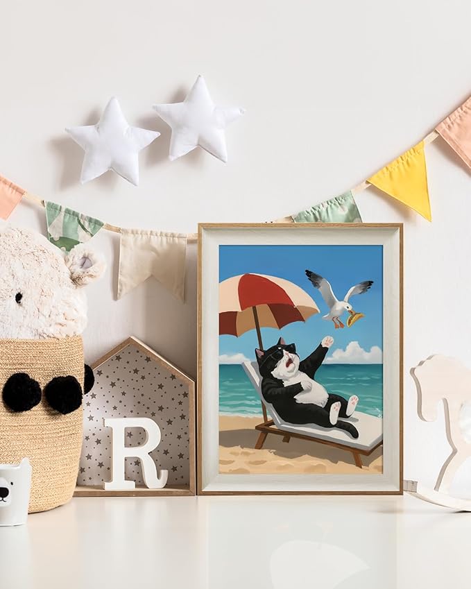 ARPEOTCY Framed Canvas Wall Art, 12x16 Inch Funny Black and White Cat on the Beach Print, Coastal Wall Decor for Bathroom, Bedroom, or Living Room, Humorous Gift for Cat Lovers