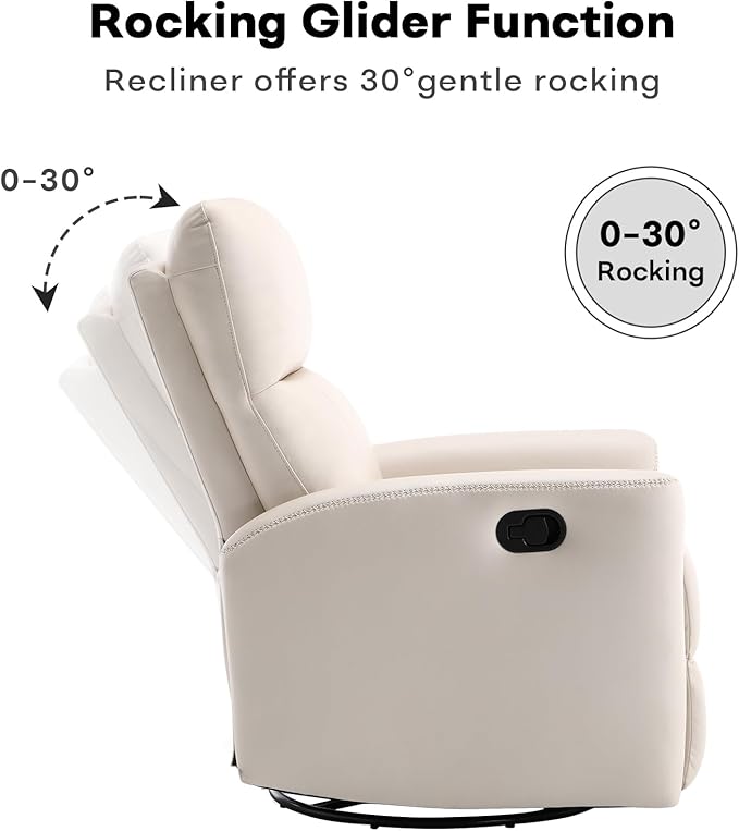 Swivel Rocker Recliner Chair, Manual Faux Leather Glider Rocking Recliners for Adults, 360° Swivel Nursery Reclining Sofa with Padded Backrest for Living Room, White