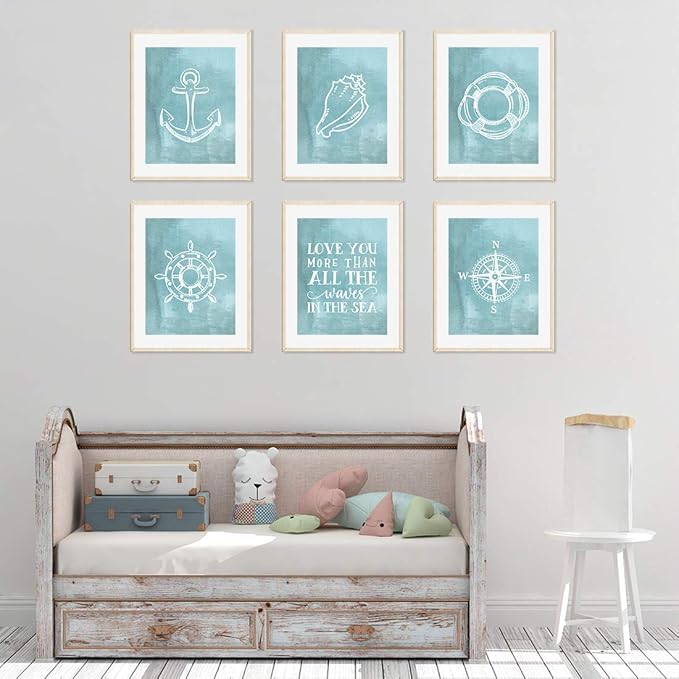 Andaz Press Ocean Nautical Sailor Theme Nursery Kids Bedroom Hanging Wall Art Decor, 8.5x11-inch, Watercolor Aqua Blue, Compass, Anchor, Shell Graphics, 6-Pack, Unframed Room Poster