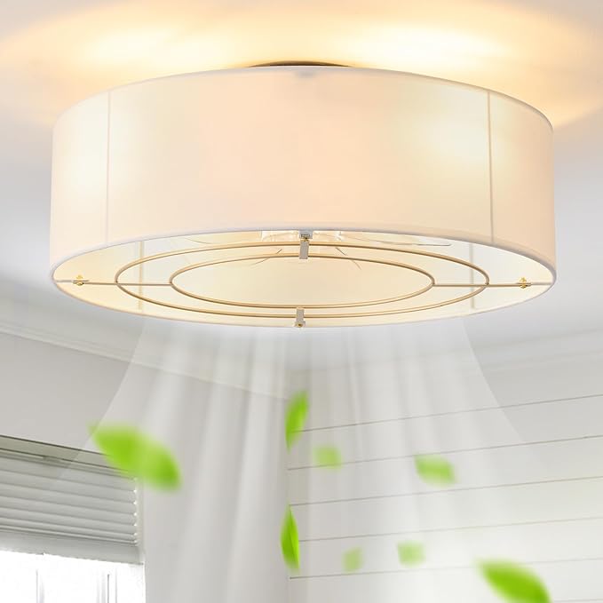 Low Profile Ceiling Fans with Lights, 20" Boho Rattan Ceiling Fan with Light Flush Mount and Remote Control, Drum Caged with 6 Speeds for Bedroom, Nursery, Living Room