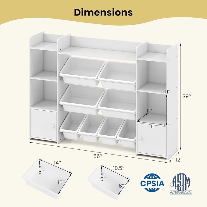 Costzon 56'' Kids Toy Storage Organizer with 8 Removable Bins, 4-Tier Toddler Bookshelf Cubbies, Preschool Children's Montessori Bookshelf w/6 Large Cabinet for Playroom, Daycare, Kids Room, Classroom