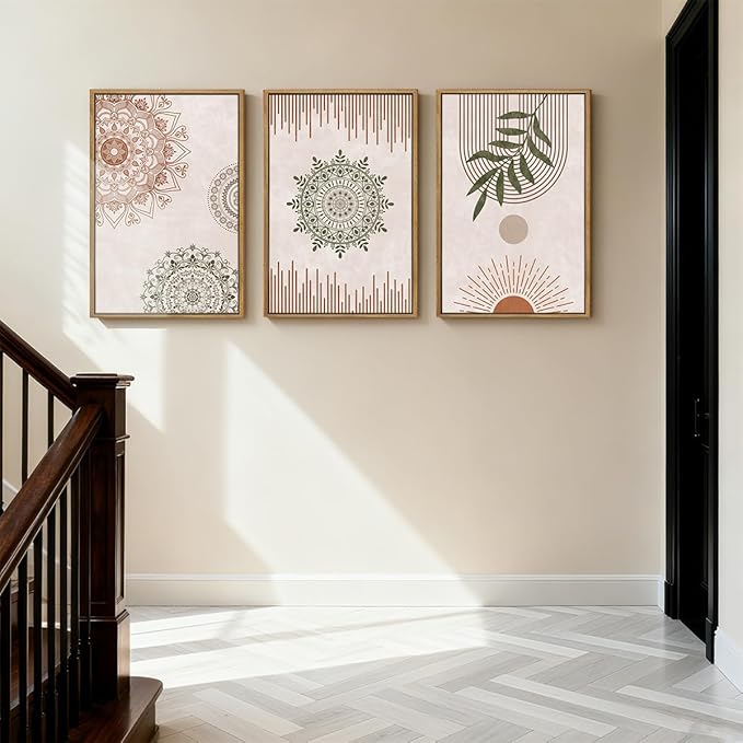 Anyzal Boho Wall Art Framed Large Abstract Geometric Line Paintings Mid-century Modern Plant Wall Decor for Bedroom Living Room Office 16x24 Inches 3 Piece