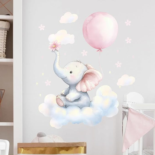 Baby Elephant Cloud Wall Decals Removable Cartoon African Animal Vinyl Stickers for Nursery Kids Bedroom and Playroom Decor Peel and Stick Watercolor Wall Art