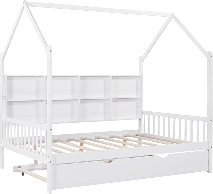 Harper & Bright Designs Full House Bed with Trundle, Wood Kid Daybed Frame with Storage Shelves for Kids, Teens, Solid Wood Structure & House-Shaped, White