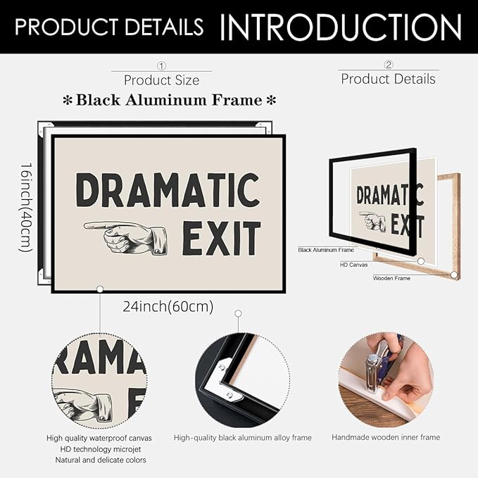 Black and White Dramatic Exit Wall Art Funny Quote Poster 16x24 inch Black Framed Trendy FunMinimalist Typography Canvas Prints For Home Office and Hallway Wall Decor