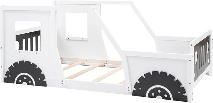 Twin Size Classic Car-Shaped Platform Bed Frame for Boys Girls Kids Toddler with Wheels,White