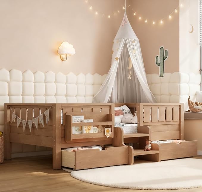 Bellemave Twin Size Kids Bed with high Rails and with Built-in Bookshelf and Drawers for Kids, Girls, Boys, Wood Montessori Bed Without Door, Natural