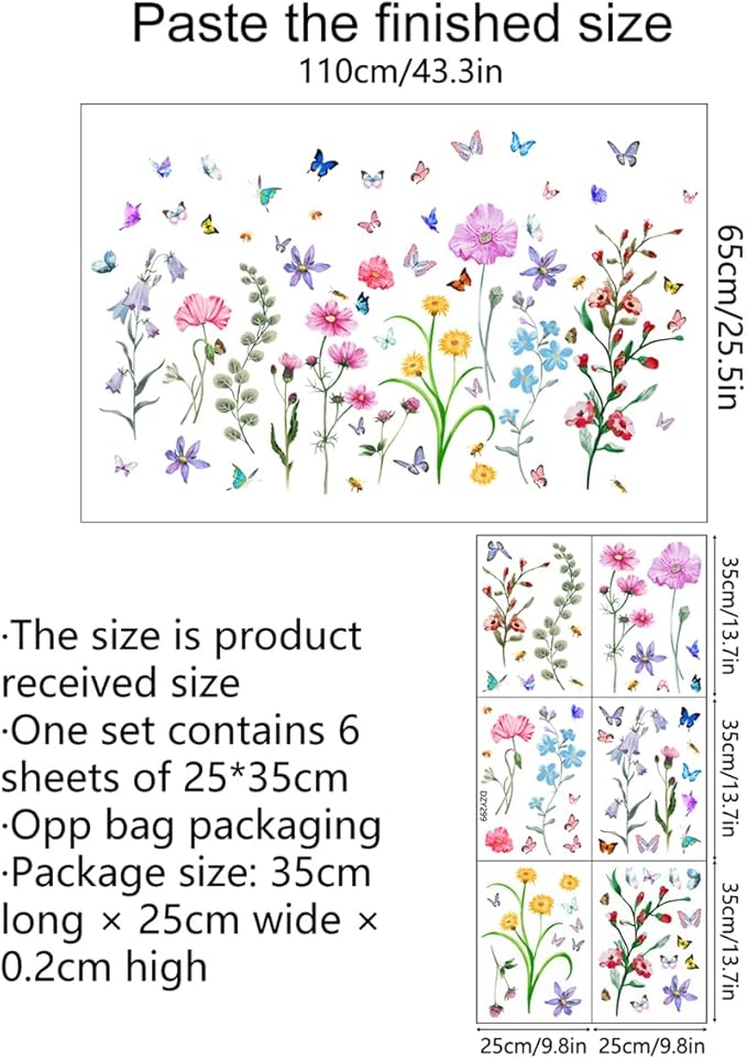 6 Pieces Flowers Wall Decals Vinyl Floral Wall Stickers Removable Floral Murals Peel and Stick Colorful Flower Decor for Girls Bedroom Living Room Nursery (Colorful)