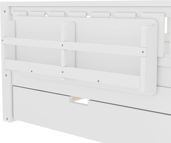 Bellemave Twin Size Kids Bed with high Rails and with Built-in Bookshelf and Trundle for Kids, Girls, Boys, Wood Montessori Bed Without Door, White