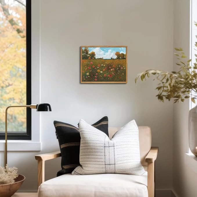 OIQArtOIQ Vintage Landscape Framed Wall Art Fall Countryside Colorful Wildflower Field Canvas Art Prints Farmhouse Cottagecore Pictures Wall Decor Rustic Meadow Paintings Artwork For Kitchen Bedroom