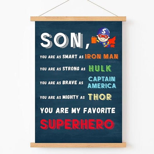 Qswo Son You Are My Favorite Superhero Wall Art Poster Hanger Frame,Inspirational Gifts for Son,Superhero Hanging Canvas Wall Decor for Boys Room Dorm Nursery