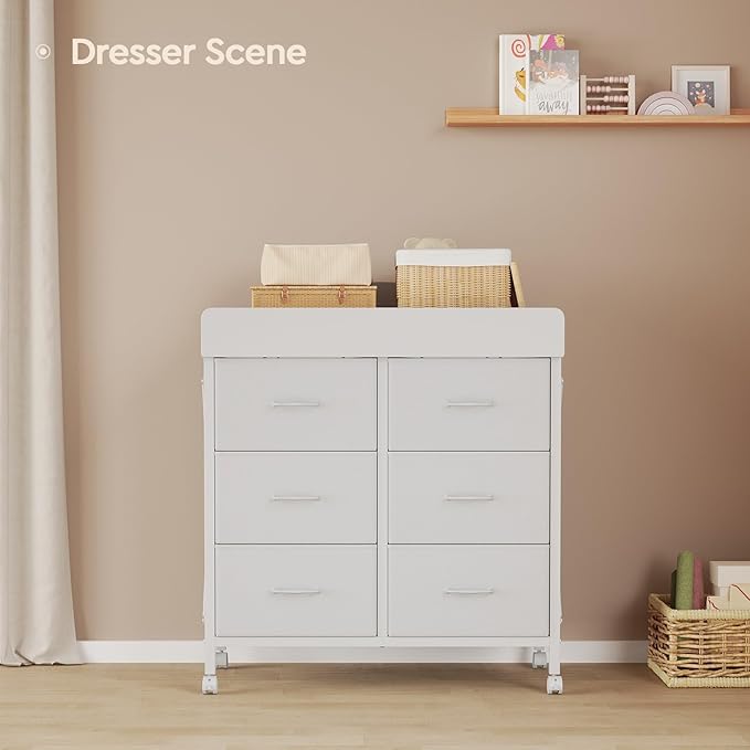 Baby Changing Table Dresser with Wheels, 6-Fabric Drawer Baby Dresser with Changing Table Top, Waterproof Diaper Changing Station & Pad, Mobile Storage Unit, Compact Baby Furniture, White
