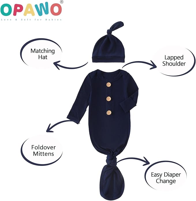 OPAWO Knotted Gown Baby Newborn Sleepers Baby Boy Coming Home Outfit, Bamboo Viscose Baby Gowns with Mitten Cuffs and Hat Set