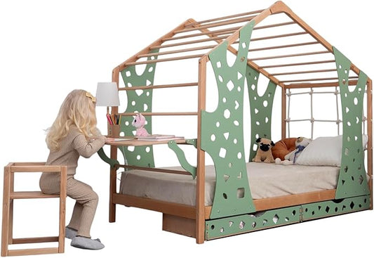 BUSY WOOD Monkey Bed – Twin Frame with Storage & Desk – Montessori Indoor Gym for Kids – Jungle Playground with Drawers & Foldable Table