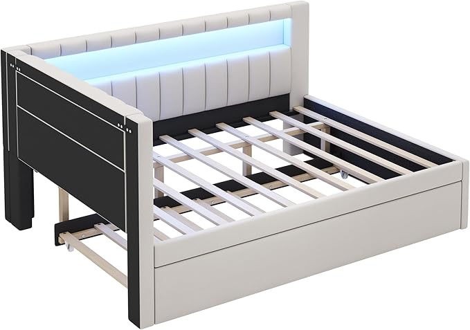 Full Size Soft Daybed with Trundle, Storage Shelves and LED Belt, Linen Upholstered Corner Bed with L-Shaped Bookshelf Headboard and USB Charger for Kids Boys Girls, White