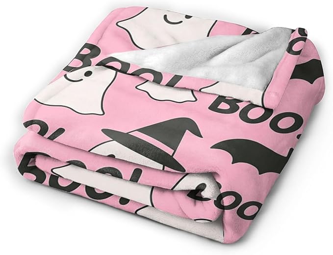 Halloween Pink Throw Blanket Cute Ghost Bat Blanket Soft Cozy Fleece Fuzzy Plush Warm Stuff Bedding Blankets for Women Girls Kids Adult Men 40"x50"