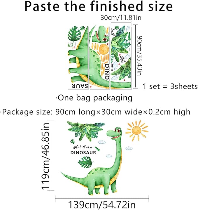 Large Dinosaur Wall Decals Removable Self-Adhesive Dino Mural with Palm Leaves Sun, Watercolor Kids Wall Stickers for Nursery Bedroom Playroom Boys Room Decor in Green and Yellow