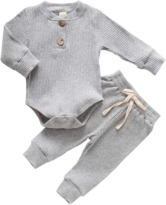 Newborn Baby Boy Girl Clothes Ribbed Knitted Cotton Long Sleeve Romper Long Pants Solid Color Fall Winter Outfits
