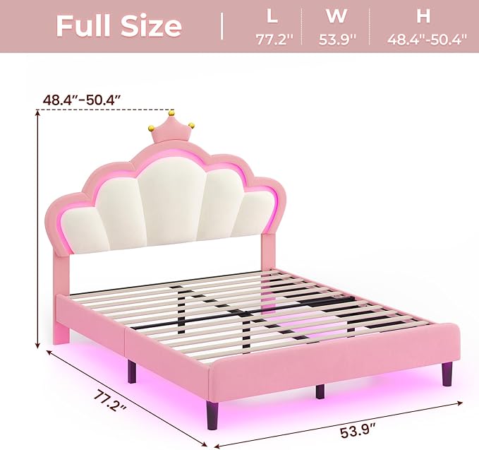 BTHFST Full Size Bed Frame with LED Lights, Girls Full Bed with Princess Crown, LED Velvet Upholstered Platform Bed Frame with Adjustable Headboard, No Box Spring Needed, Pink