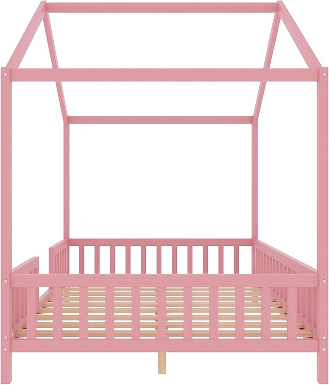 Montessori Floor Bed with Canopy, High Railings and Roof, Full Size Wood House Bed Frame for Kids Bedroom (Pink/C)