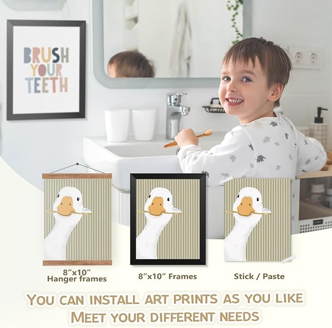 Wheatwin Kids Bathroom Decor, Goose Nursery Animal Poster Prints, Bathroom Wall Decorations for Kids Toddler Boys Girls Toilet Washroom Farmhouse, 8x10 Unframed 4Pcs - Sage Green