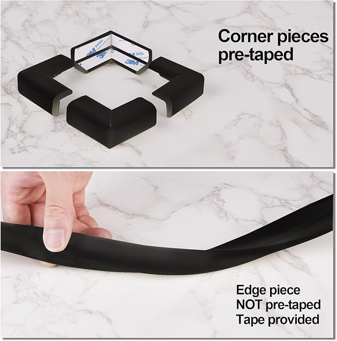 Baby Proofing Edge and Corner Guards, Safety 3M Pre-Taped Furniture Bumper, [16.40ft Edge + 4 Corners] Baby Corner Protector for Fireplace, Table, Stair, Cabinet (Black)