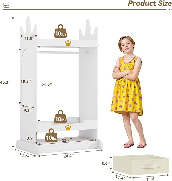 Kids Dress Up Storage with Mirror, Kids Costume Wardrobe with Shelves & Non-Woven Drawers, Children Open Hanging Armoire Costume Organizer for Kids Room, Nursery, Preschool, White