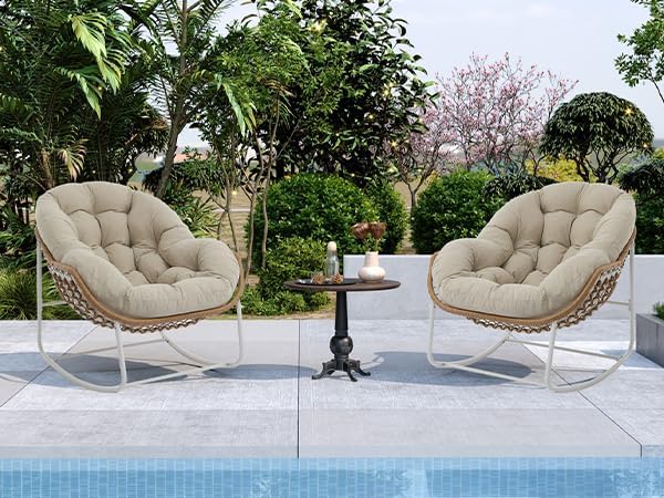 Oversized Outdoor Papasan Rocking Chair Set of 2 with Soft Cushion, Comfy Patio Egg Chair, Wicker Lounge Rocker for Balcony/Porch/Garden, Reinforced All Weather Rattan Frame, Beige and White