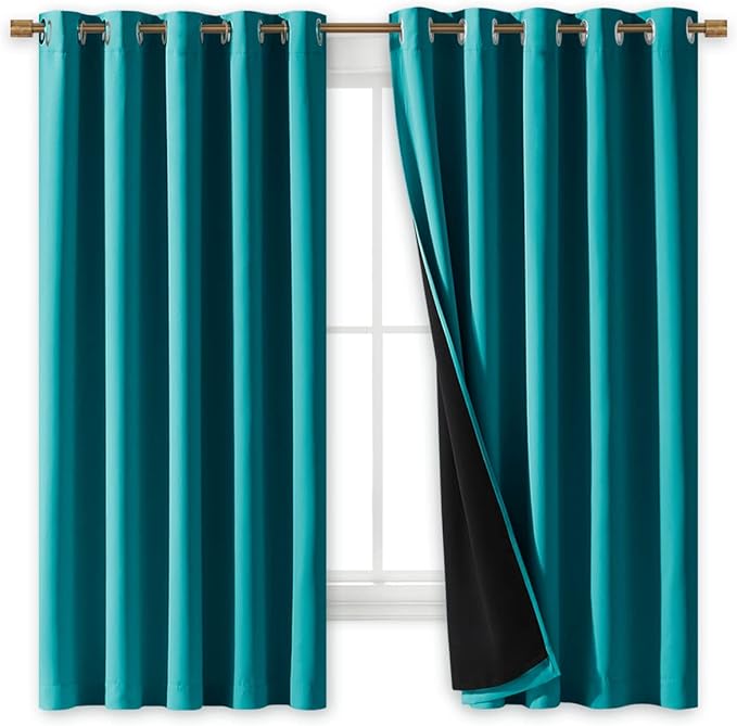 NICETOWN Peacock Teal 100% Blackout Lined Curtains, 2 Thick Layers Completely Blackout Window Treatment Thermal Insulated Drapes for Kitchen/Bedroom (1 Pair, 70" Width x 63" Length Each Panel)