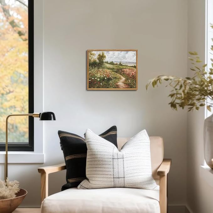 OIQArtOIQ Vintage Landscape Framed Wall Art Summer Countryside Wildflower Field Path Canvas Art Prints Farmhouse Cottagecore Pictures Wall Decor Rustic Meadow Paintings Artwork For Kitchen Bedroom
