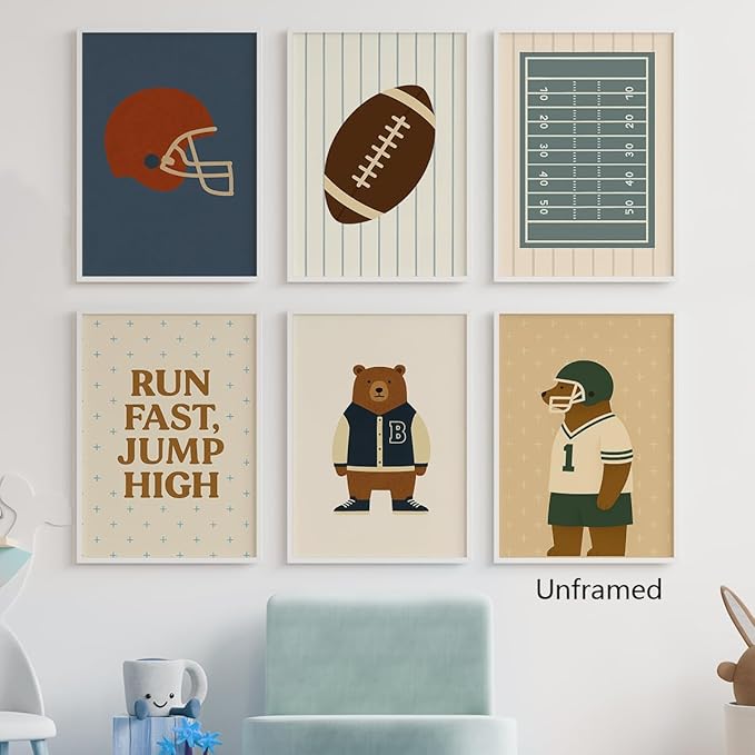 Football Poster Canvas, Baby Boy Sports Nursery Wall Art, Animal Bear Athletes Pictures, Run Fast Jump High Charming Quote Print, Kids Bedroom Soccer Equipment & Field Decor 8x12in Unframed
