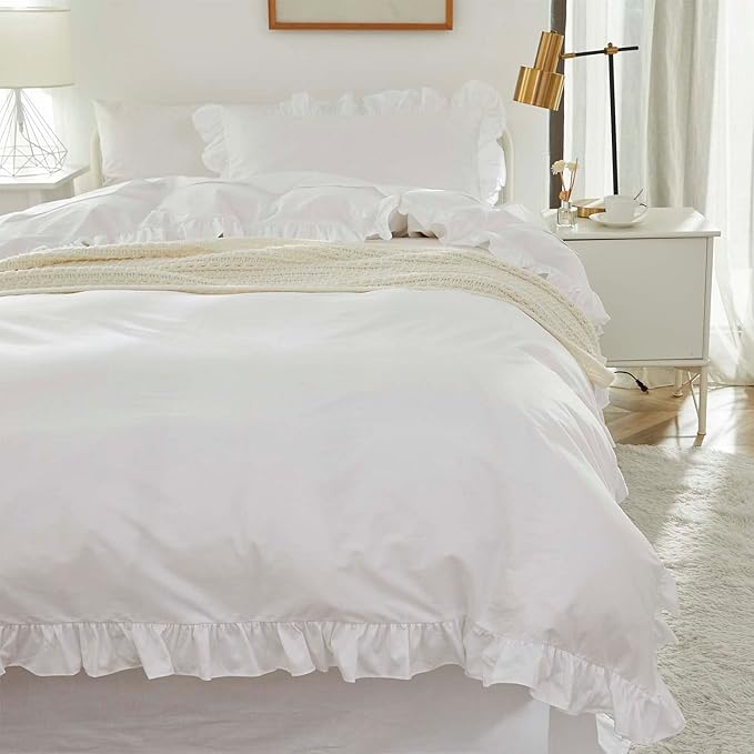 Brandream Kid's Duvet Cover Twin/Twin XL Size,100% Organic Cotton 2pcs Girl Bedding Duvet Cover Set, Ruffled Fringe Solid Color Soft Breathable with Zipper Closure & Corner Ties(White)