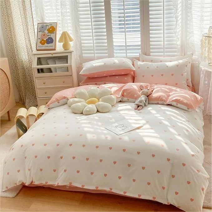 Blush Pink Duvet Cover Set Full Heart Bedding Set Cute Love Heart Bedding 3Pcs Girls Reversible White Pink Duvet Cover with Zip and 2 Pillowcases（No Comforter）