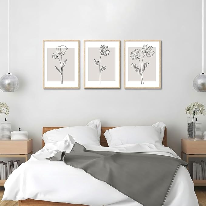 CHMMART 3 Piece Neutral Flower Framed Wall Art Beige Minimalist Floral Canvas Art Prints Boho Botanical Line Pictures Wall Decor Artwork Painting for Living Room Bedroom Office 16x20in