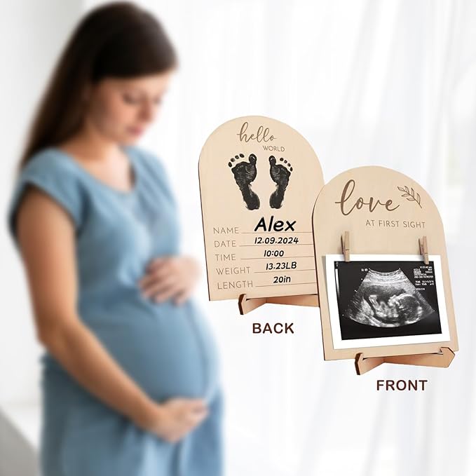 9 Pcs Pregnancy Announcements Set, Include Felt Letter Board Baby Bodysuit Shoes and Wooden Sign Surprise Announcement for Grandparents Partner Gift Family Reveal(Grey Coming soon-white shoe)