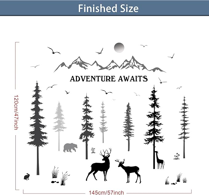 3 Sheets Woodland Nursery Wall Decals Forest Deers Wall Stickers Bears Pine Tree Home Decal Inspirational Quote Mountain Animal Sun Home Stickers DIY Wall Decals for Kids' Room