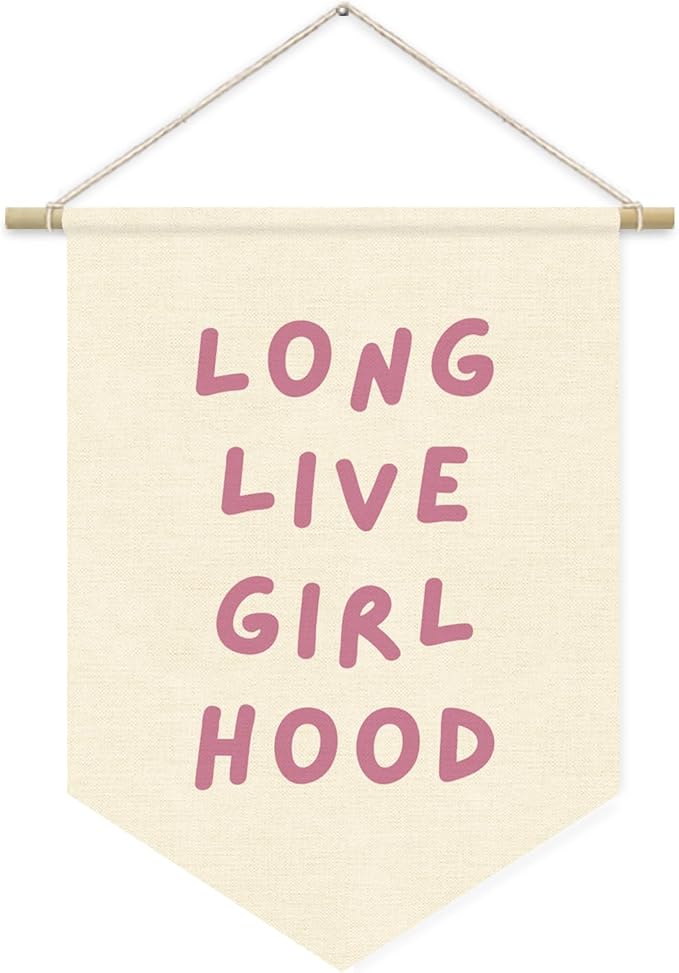 Long Live Girlhood Banner Pink Flag for Nursery Playroom Wall Decor for Kids Bedroom Living Room Dorm Toddler Decorations Trendy Room,Wall Hanging Pennant Flag Banner 15x11in