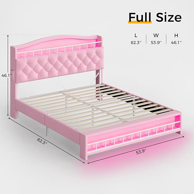 BTHFST Full Szie Girls Bed with LED Lights & Charging Station, Princess Full Size Bed Frame with Hidden Storage Headborad, Sturdy Platform Bed, No Box Spring Needed/Noise-Free/Easy Assembly, Pink