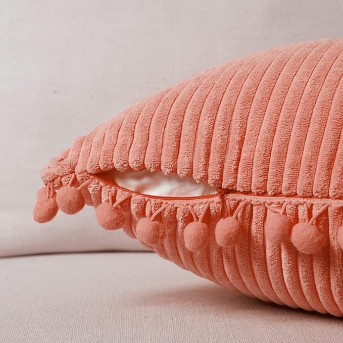 Fancy Homi Pack of 2 Coral Decorative Throw Pillow Covers 20x20 Inch with Pom-poms for Living Room Couch Bedroom, Soft Corduroy Peach Solid Square Cushion Case 50x50 cm, Rustic Farmhouse Home Decor